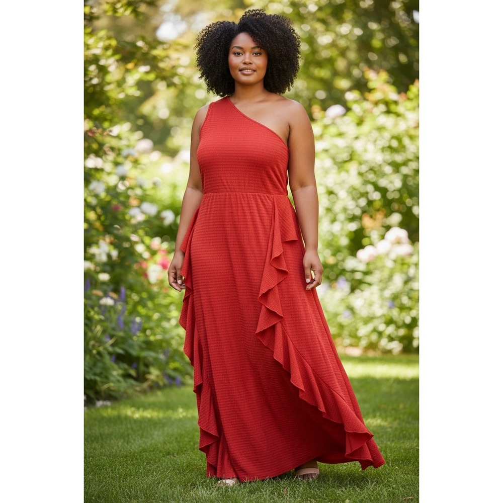 Shein Curve Red One Shoulder Ruffle Maxi Dress Plus Size 1XL Textured Asymmetric